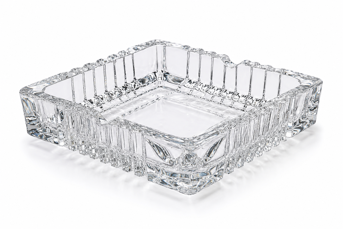 AL KHUMERY Square Crystal Glass Cigar Ashtray | 4-Slot Heavy Cut Glass Design | Premium Smoking Accessory in UAE