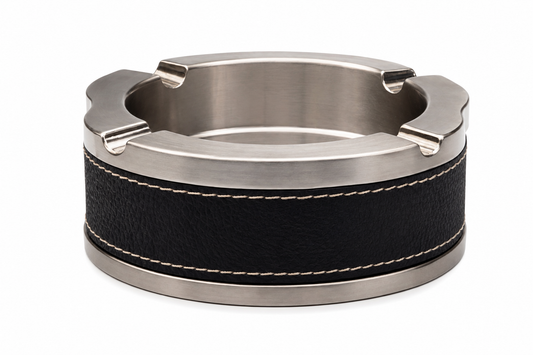 AL KHUMERY Round Leather & Stainless Steel Ashtray | 4-Slot Scalloped Metal Ring | Luxury Smoking Accessory UAE
