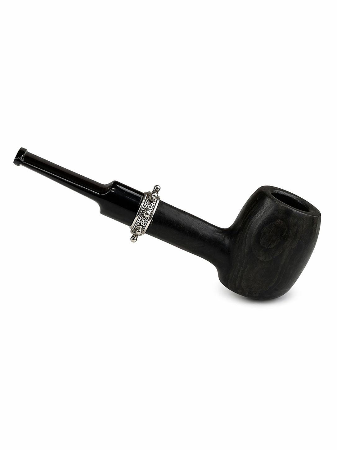 AL KHUMERY Matte Black Briar Wood English Tobacco Pipe | Ornate Silver Filigree Ring | Billiard Shape | Straight Stem | UAE