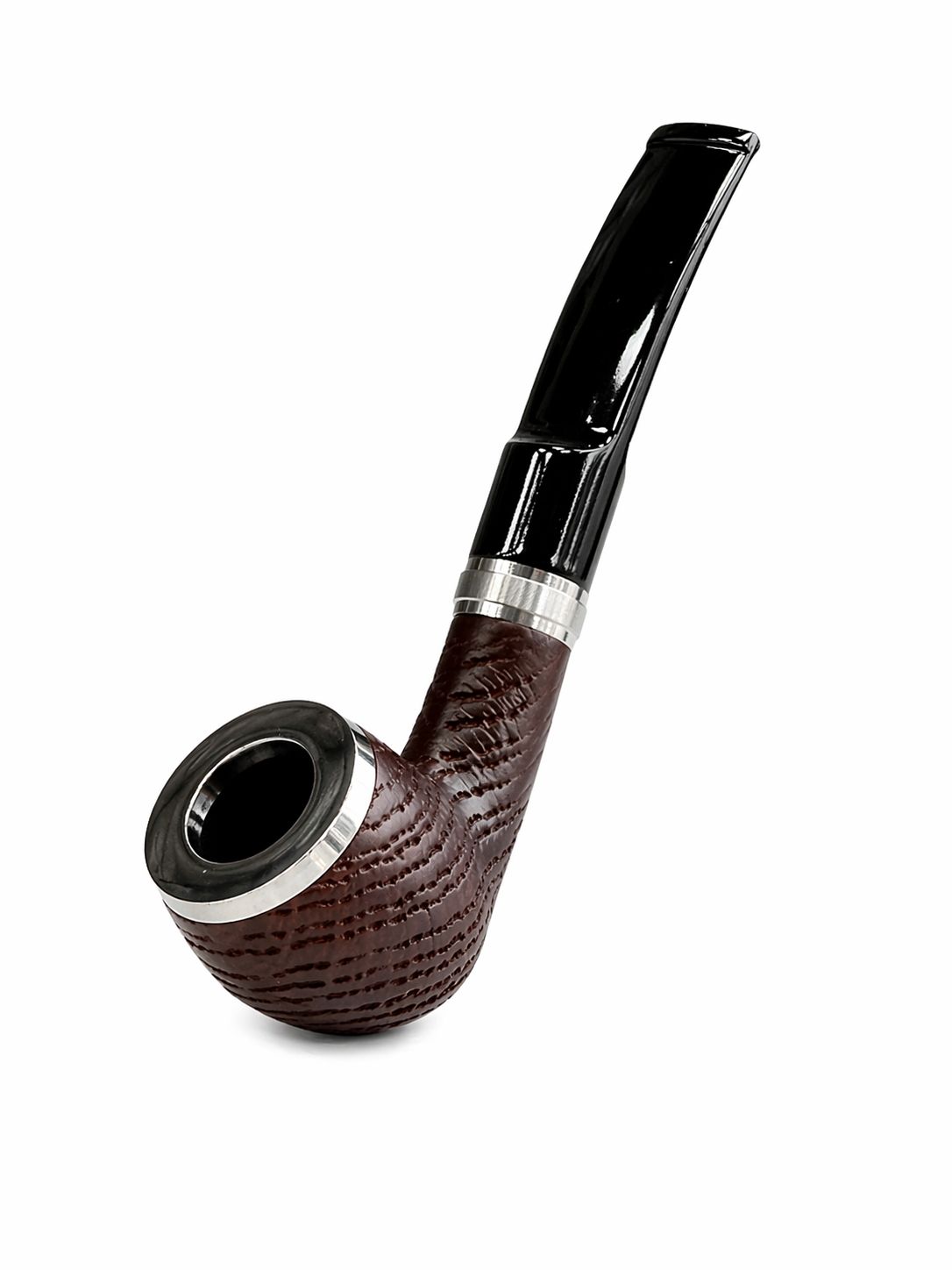 AL KHUMERY Rusticated Briar Smoking English Pipe | Straight Stem Silver Band | Dark Brown Wood Finish | Classic Billiard Shape | Premium Tobacco Pipe UAE