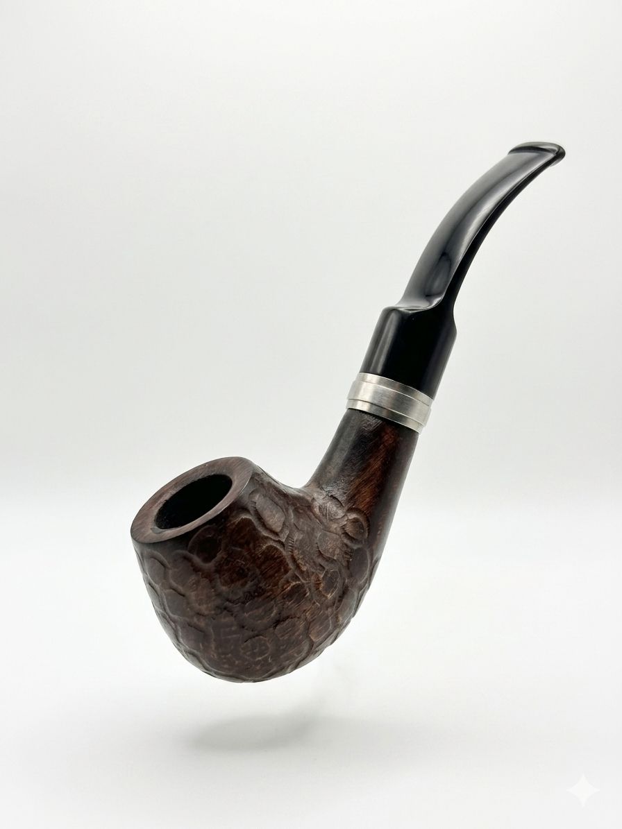 AL KHUMERY English Tobacco Pipe – Bent Billiard Rusticated Dark Brown Briar Wood Bowl Black Stem Silver Band | UAE