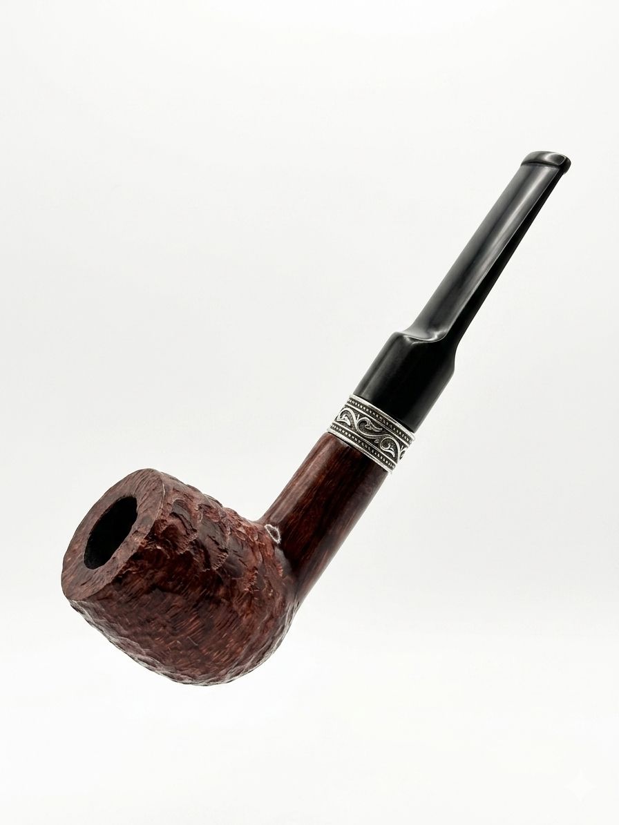 AL KHUMERY English Tobacco Pipe – Straight Stem Rusticated Dark Brown Briar Wood Bowl Black Stem Engraved Silver Band | UAE