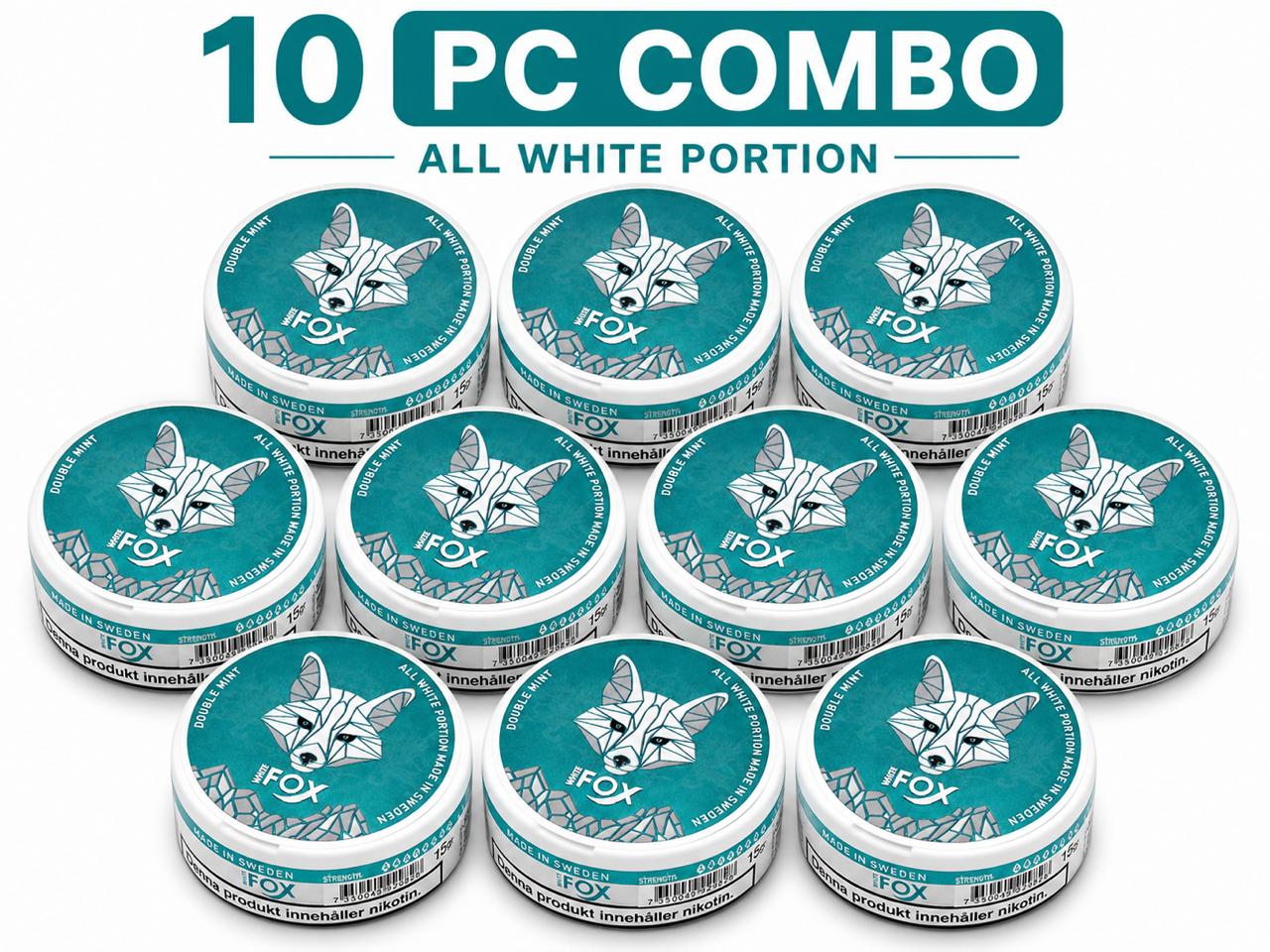 AL KHUMERY White Fox Nicotine Pouches | 10 PC Combo Pack | All White Portion Made in Sweden | Black / Blue / Double Mint / Peppered Mint / Full Charge | Tobacco-Free Snus | 15g Each | UAE