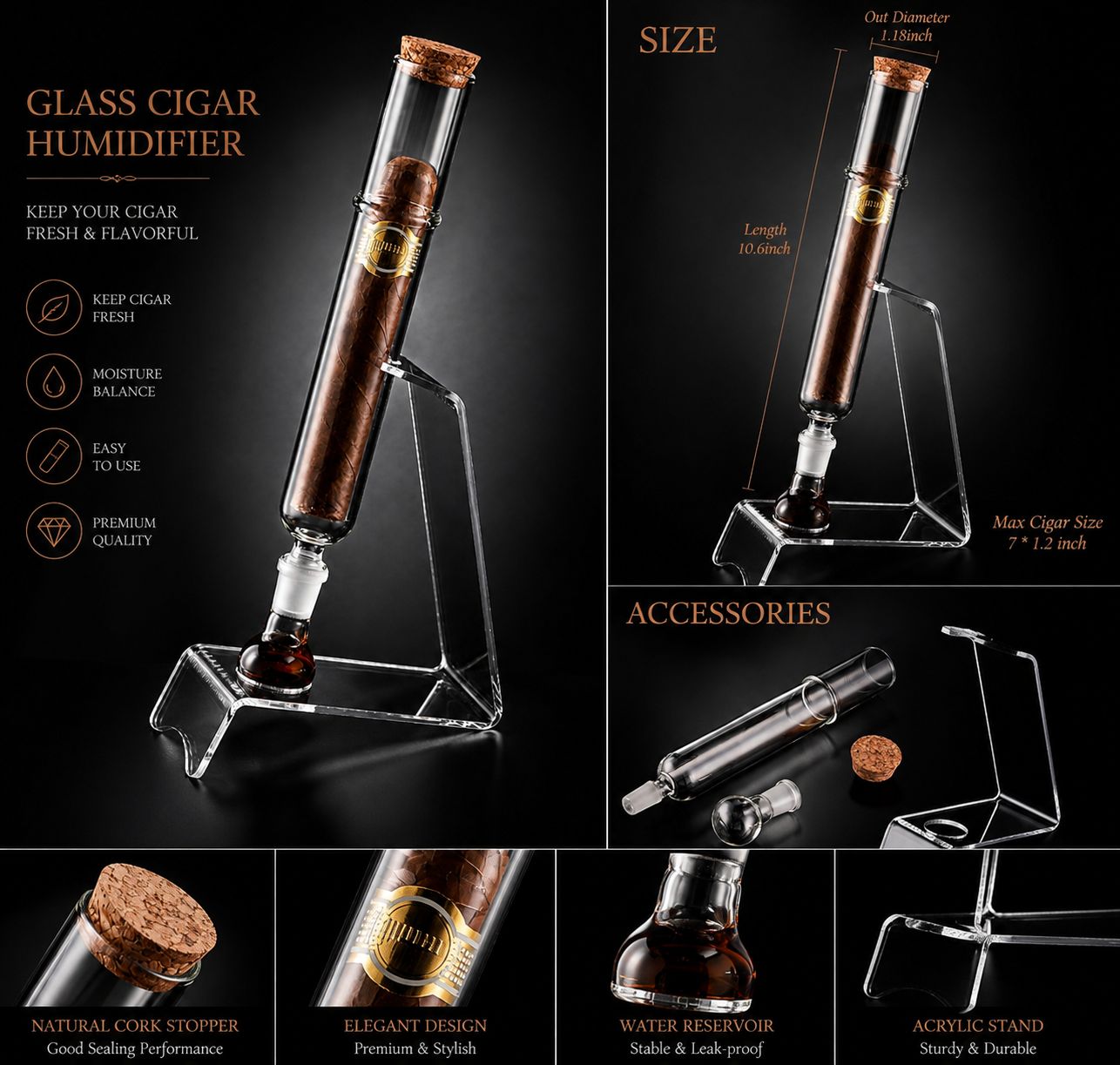 AL KHUMERY- Premium Glass Cigar Humidifier with Acrylic Stand – Luxury Airtight Cigar Storage Tube