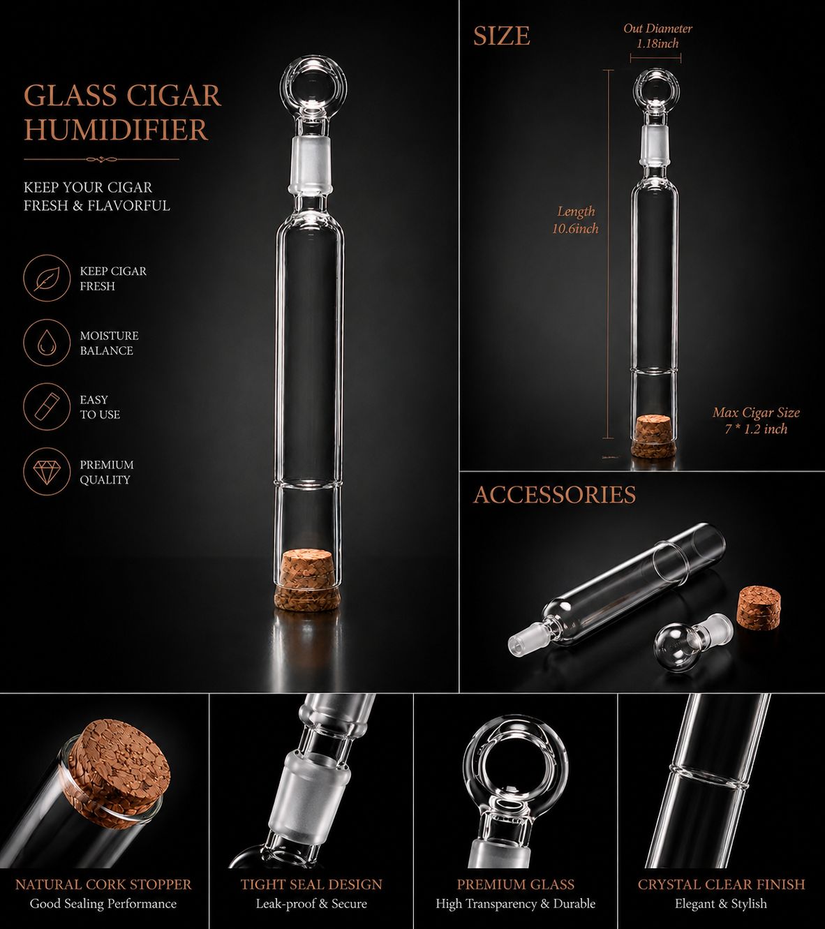 AL KHUMERY - Premium Glass Cigar Humidifier Tube – Portable Airtight Cigar Storage Case with Cork Seal