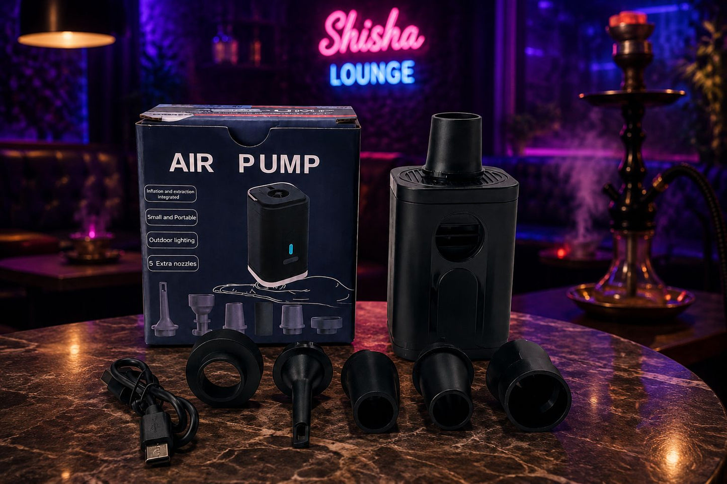 Pro Hookah Electric Air Pump – Rechargeable | Ultra Portable | Powerful Airflow | 5 Nozzles Included | Best Hookah Accessory