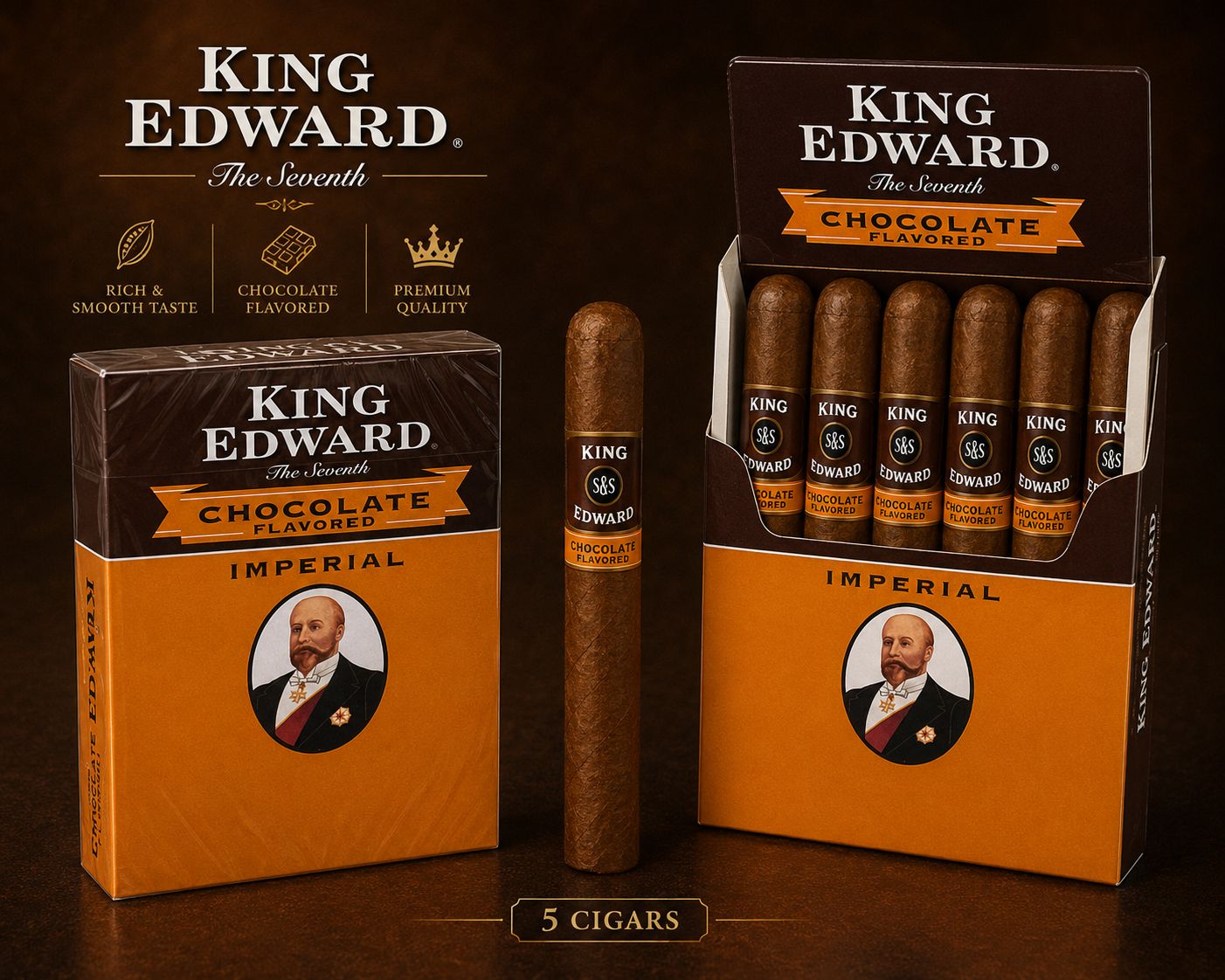 King Edward The Seventh Imperial Cigars – A Legacy of Quality | Premium Tobacco | Rich & Smooth Taste | Pack of 5 | 2 Variants (Classic & Chocolate Flavored)