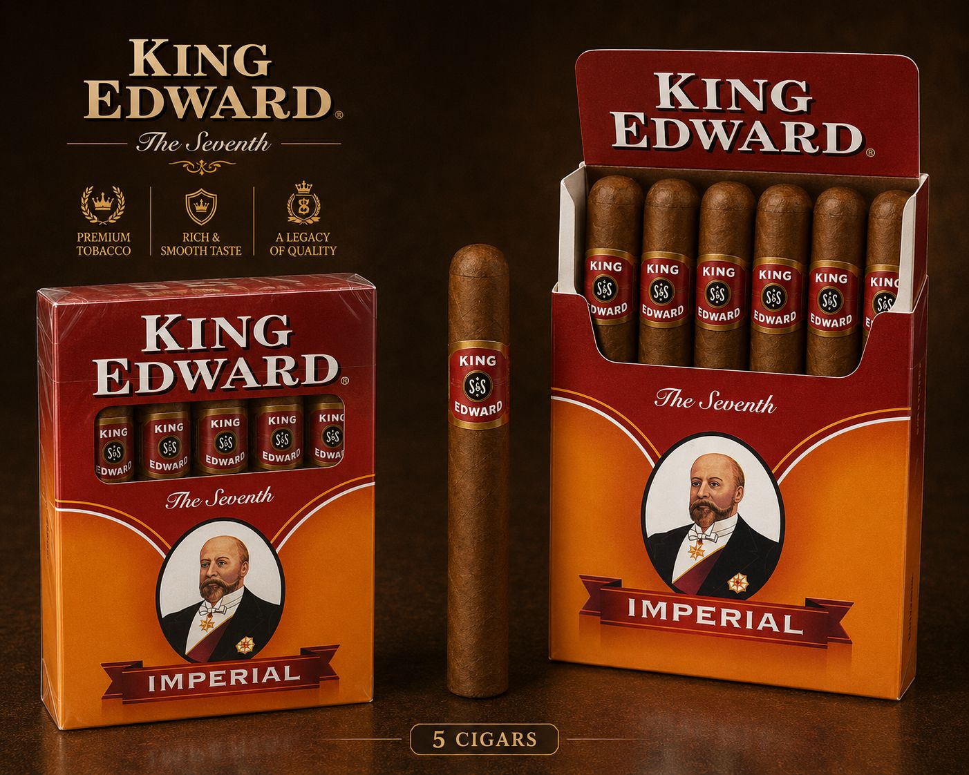 King Edward The Seventh Imperial Cigars – A Legacy of Quality | Premium Tobacco | Rich & Smooth Taste | Pack of 5 | 2 Variants (Classic & Chocolate Flavored)