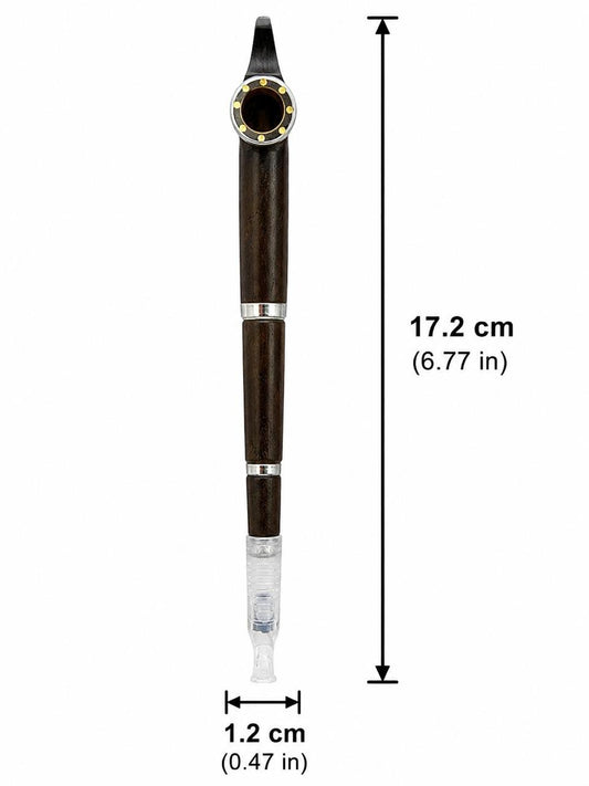 Handcrafted Wooden Medwakh Pipe with Silver & Gold Studded Bowl Ring, Dual Silver Bands – Traditional Arabian Dokha Pipe, 17.2cm (6.77in)