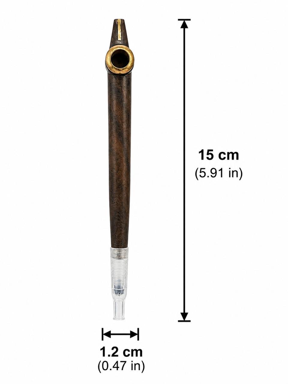 Handcrafted Compact One-Piece Wood Medwakh Pipe with Brass Bowl Ring & Gold Inlay – Traditional Arabian Dokha Pipe, 15cm (5.91in)