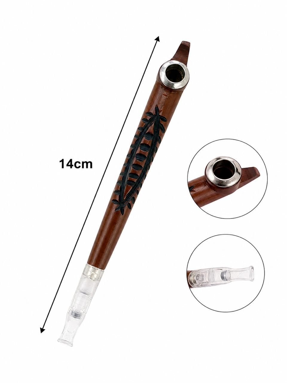 Handmade Wooden Medwakh Pipe – 14cm Leaf Carved Dokha Smoking Pipe with Silver Ring & Removable Filter Tip