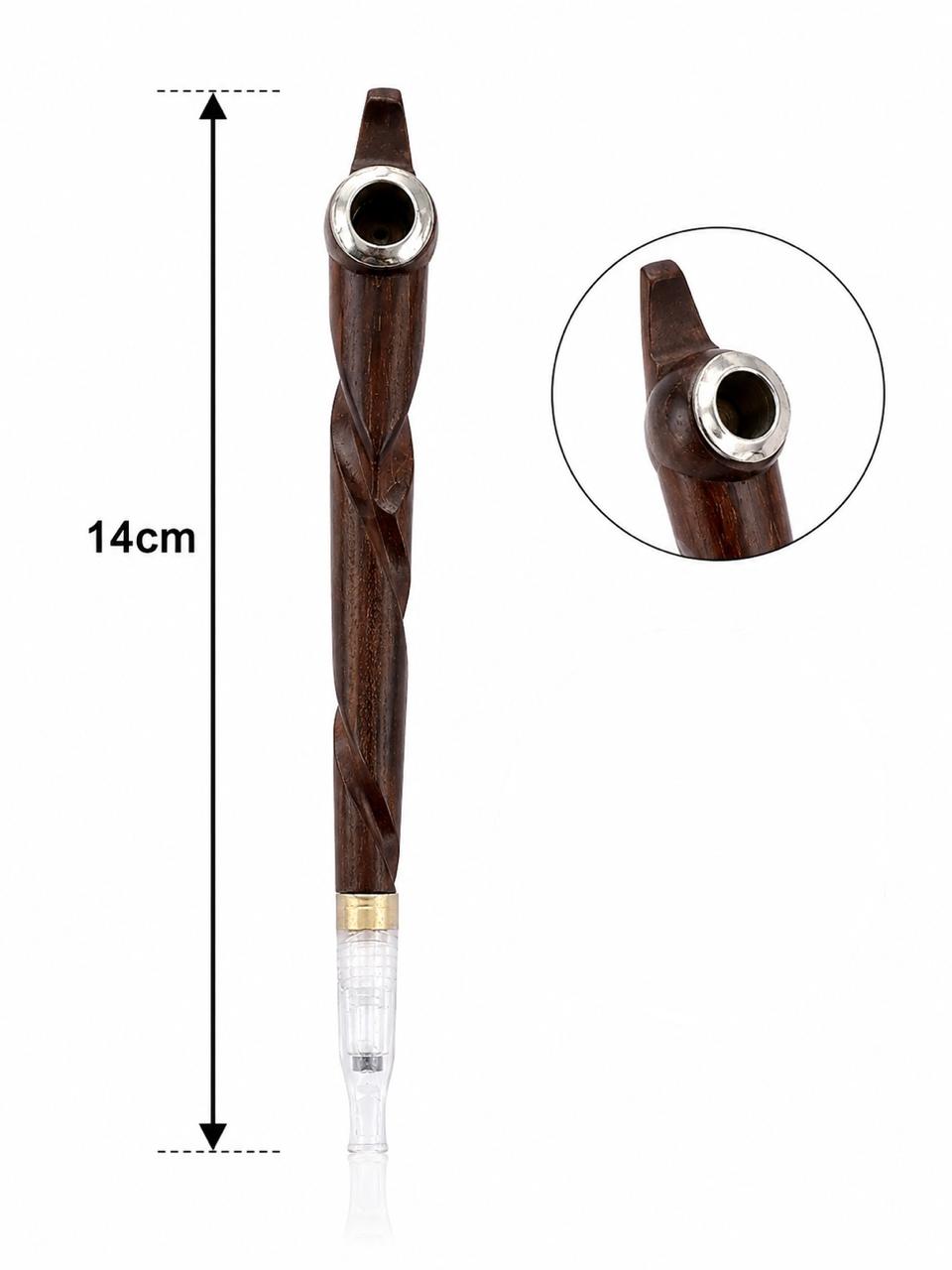 Handmade Wooden Medwakh Pipe – 14cm Spiral Carved Dokha Smoking Pipe with Silver Ring & Removable Filter Tip