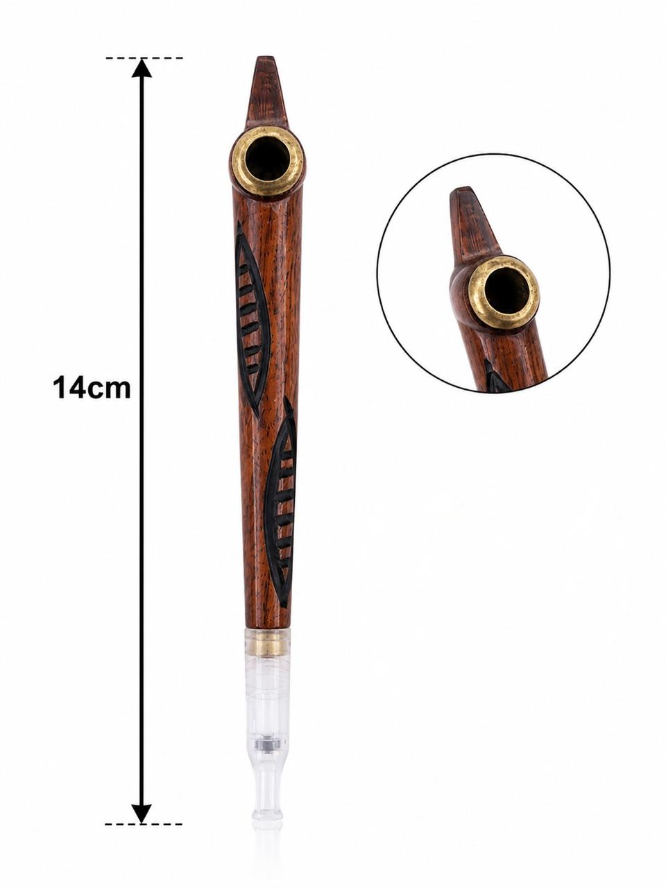 Handmade Wooden Medwakh Pipe – 14cm Carved Traditional Dokha Smoking Pipe with Brass Ring & Removable Filter Tip