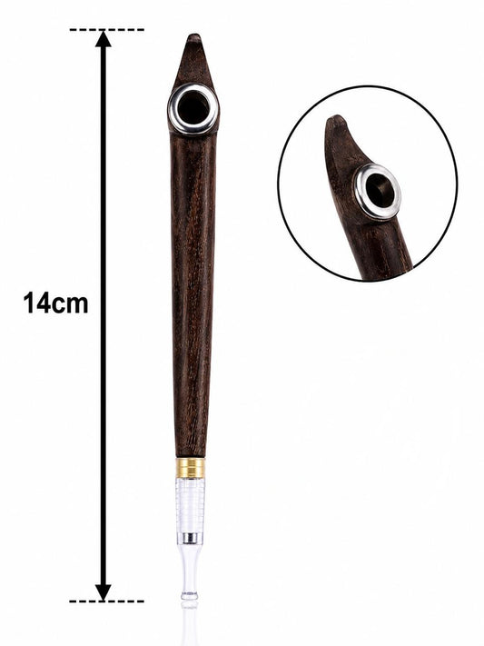 Handmade Wooden Medwakh Pipe – Carved Hook-Top Design, Dark Speckled Wood Dokha Pipe with Silver Ring & Gold Band | 14cm Traditional Emirati Design