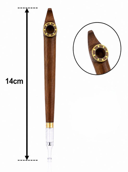Handmade Wooden Medwakh Pipe – Carved Hook-Top Design, Walnut Wood Dokha Pipe with Studded Gold Ring & Gold Band | 14cm Traditional Emirati Design