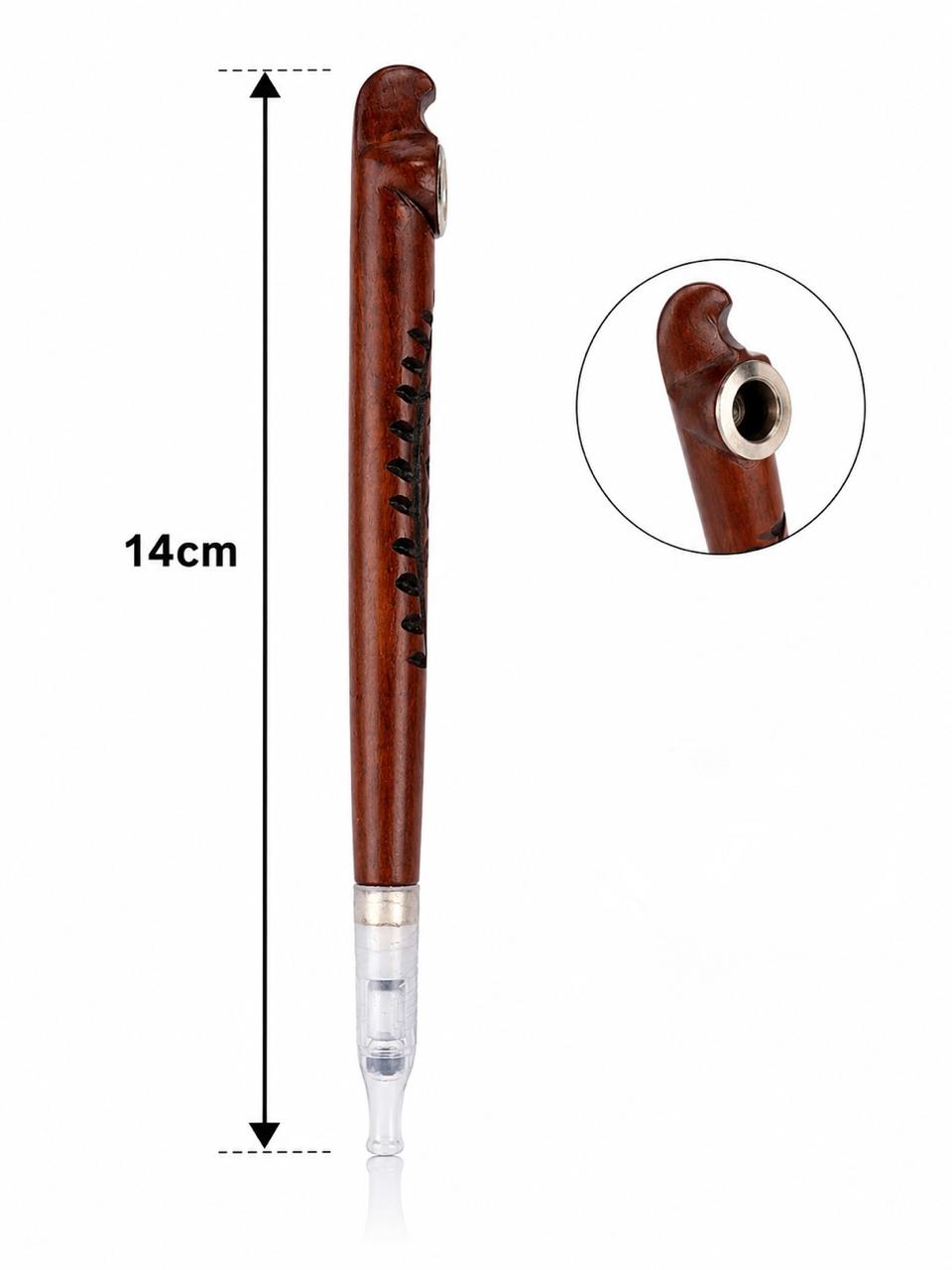 Handmade Wooden Medwakh Pipe – 14cm Leaf Carved Dokha Smoking Pipe with Silver Ring & Removable Filter Tip
