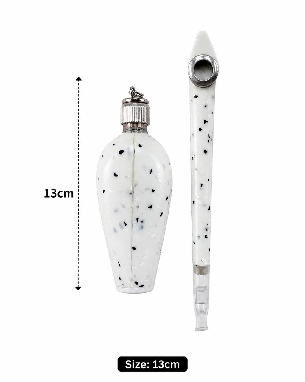 Handmade Terrazzo Resin Medwakh Pipe – White Speckled Dokha Pipe with Matching Snuff Bottle & Silver Ring | 13cm Set