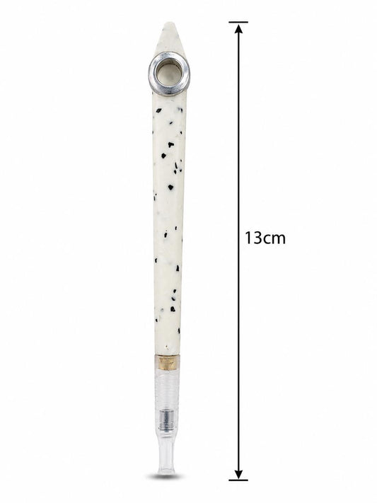 Handmade Terrazzo Resin Medwakh Pipe – White Speckled Dokha Pipe with Matching Snuff Bottle & Silver Ring | 13cm Set