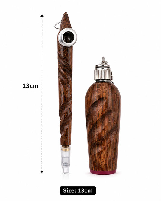 Handmade Spiral-Carved Wooden Medwakh Pipe & Bottle Set – Twisted Wood Dokha Pipe with Silver Ring | 13cm