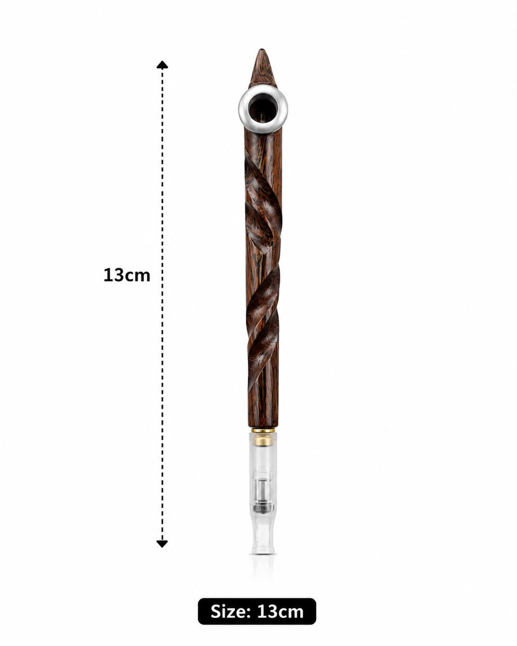Handmade Spiral-Carved Wooden Medwakh Pipe & Bottle Set – Twisted Wood Dokha Pipe with Silver Ring | 13cm