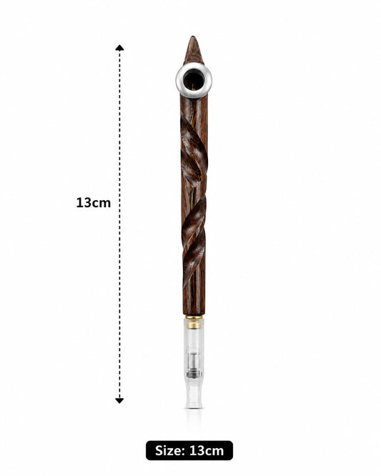 Handmade Spiral-Carved Wooden Medwakh Pipe & Bottle Set – Twisted Wood Dokha Pipe with Silver Ring | 13cm