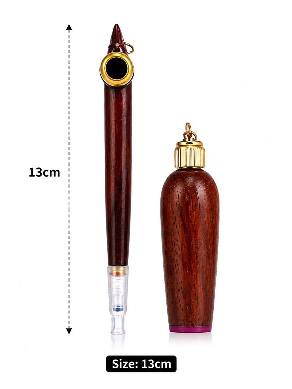 Handmade Wooden Medwakh Pipe & Bottle Set – Deep Mahogany Dokha Pipe with Gold Ring | 13cm