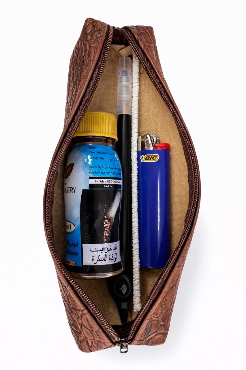 AL KHUMERY Medwakh Pouch – Brown Vintage Croc-Texture Slim Zipper Case | 19cm Travel Storage Bag for Medwakh Pipe | UAE