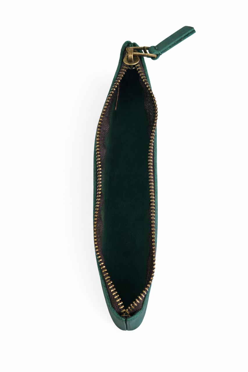 AL KHUMERY Genuine Leather Pencil Pouch – Vintage Hunter Green | Brass Zip | 22cm Slim Case | UAE