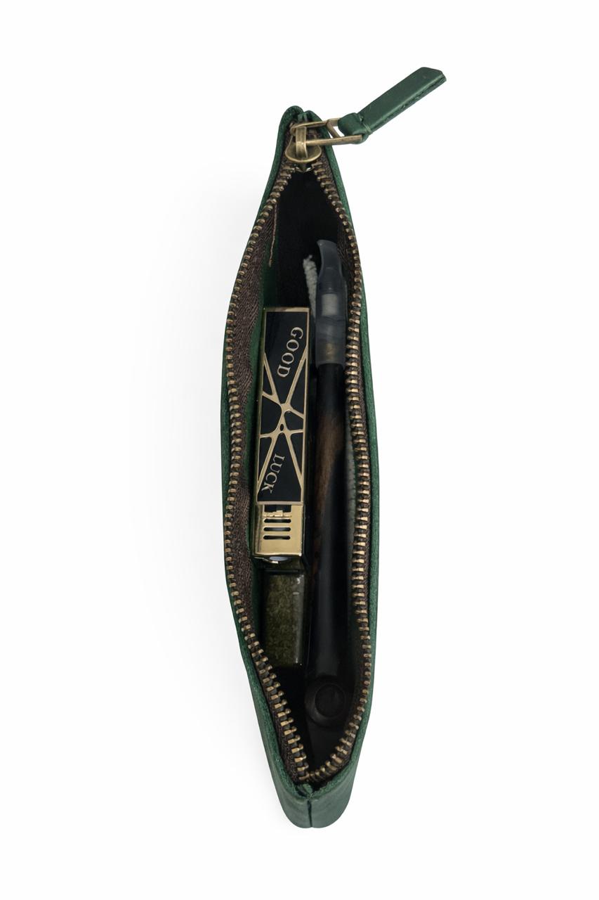 AL KHUMERY Genuine Leather Pencil Pouch – Vintage Hunter Green | Brass Zip | 22cm Slim Case | UAE