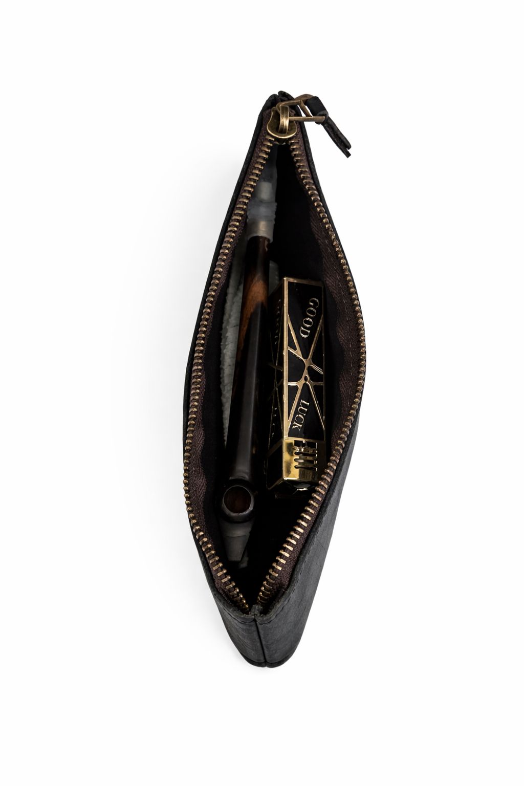 AL KHUMERY Genuine Leather Pencil Pouch – Vintage Jet Black | Brass Zip | 22cm Slim Case | UAE