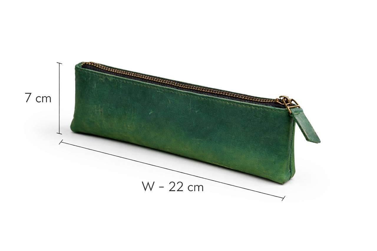 AL KHUMERY Genuine Leather Pencil Pouch – Vintage Hunter Green | Brass Zip | 22cm Slim Case | UAE