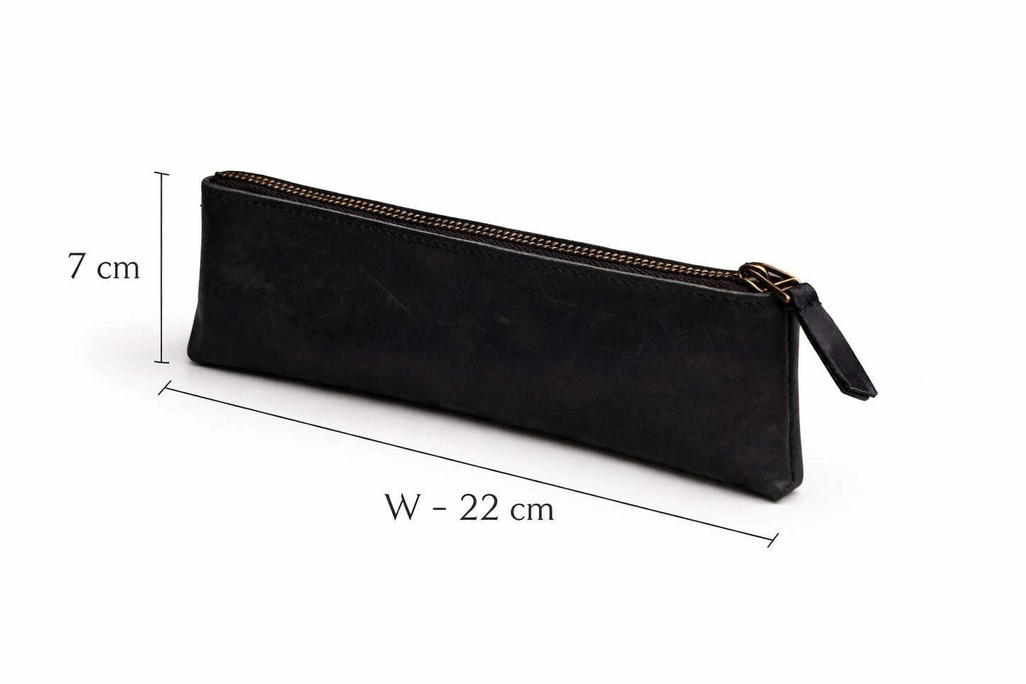 AL KHUMERY Genuine Leather Pencil Pouch – Vintage Jet Black | Brass Zip | 22cm Slim Case | UAE