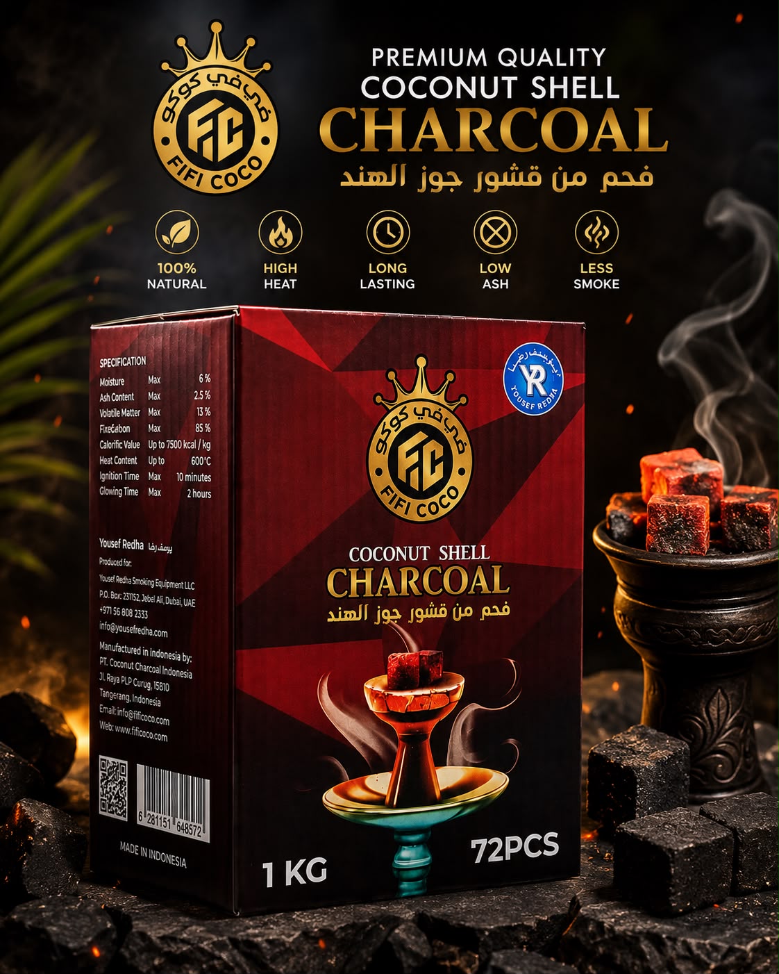 FIFI COCO Premium Coconut Shell Charcoal – 100% Natural Hookah Shisha Coals, Long Lasting, Low Ash & Less Smoke, 72 Cubes, 1KG