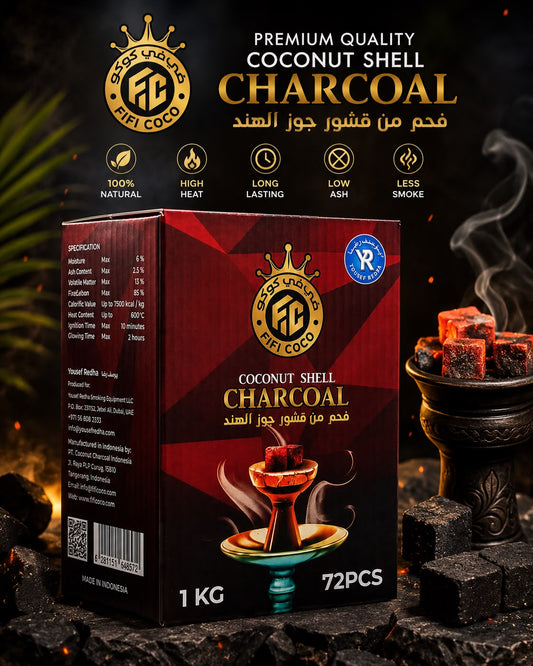 FIFI COCO Premium Coconut Shell Charcoal – 100% Natural Hookah Shisha Coals, Long Lasting, Low Ash & Less Smoke, 72 Cubes, 1KG