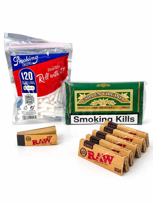 Premium Rolling Kit - Golden Virginia 50g , 1 pc | Smoking Filters (120 Tips) , 1 pc | RAW Tips , 1 pc | RAW Classic Papers , 5 pc