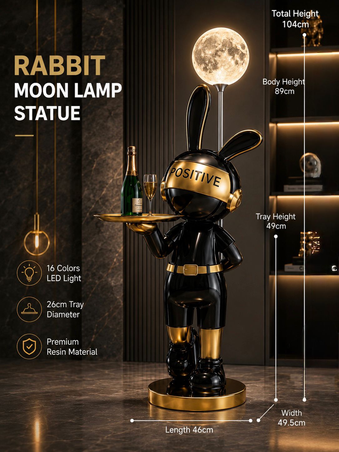 AL KHUMERY- Luxury Rabbit Moon Lamp Statue with Tray – Modern LED Bunny Floor Light Decoration for Living Room, Bedroom & Hotel
