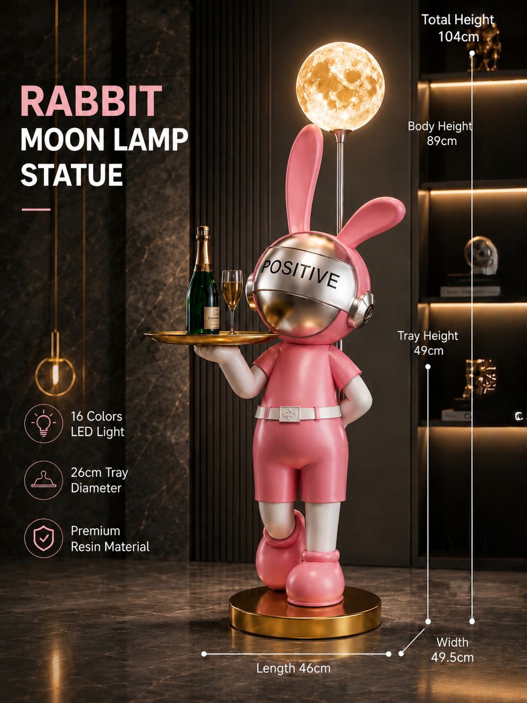 AL KHUMERY- Luxury Rabbit Moon Lamp Statue with Tray – Modern LED Bunny Floor Light Decoration for Living Room, Bedroom & Hotel