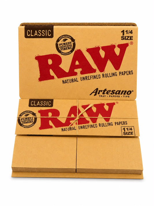 RAW Classic Artesano 1¼ Size Rolling Papers | Tray + Papers + Tips | Natural Unrefined | Purest Genuine Fibers | All-in-One Rolling Kit