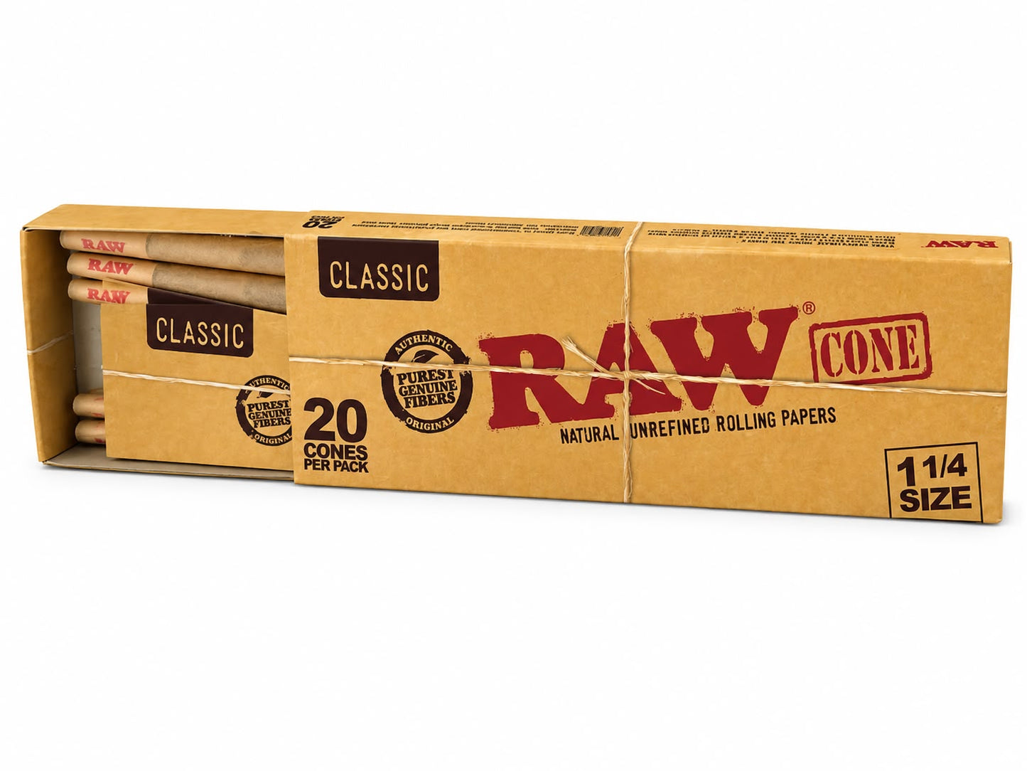 RAW Classic 1¼ Size Pre-Rolled Cones – 20 Pack | Authentic Original | Natural Unrefined Purest Genuine Fibers