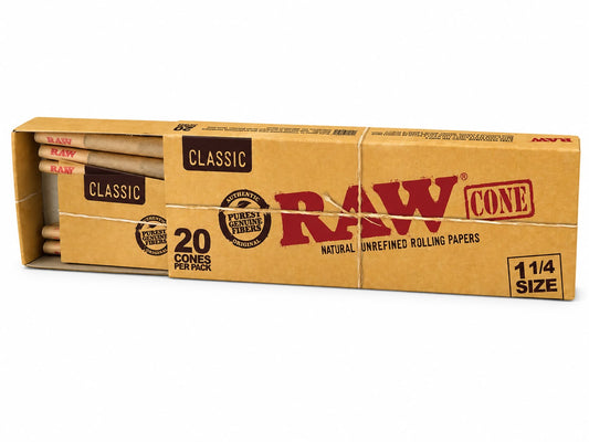 RAW Classic 1¼ Size Pre-Rolled Cones – 20 Pack | Authentic Original | Natural Unrefined Purest Genuine Fibers