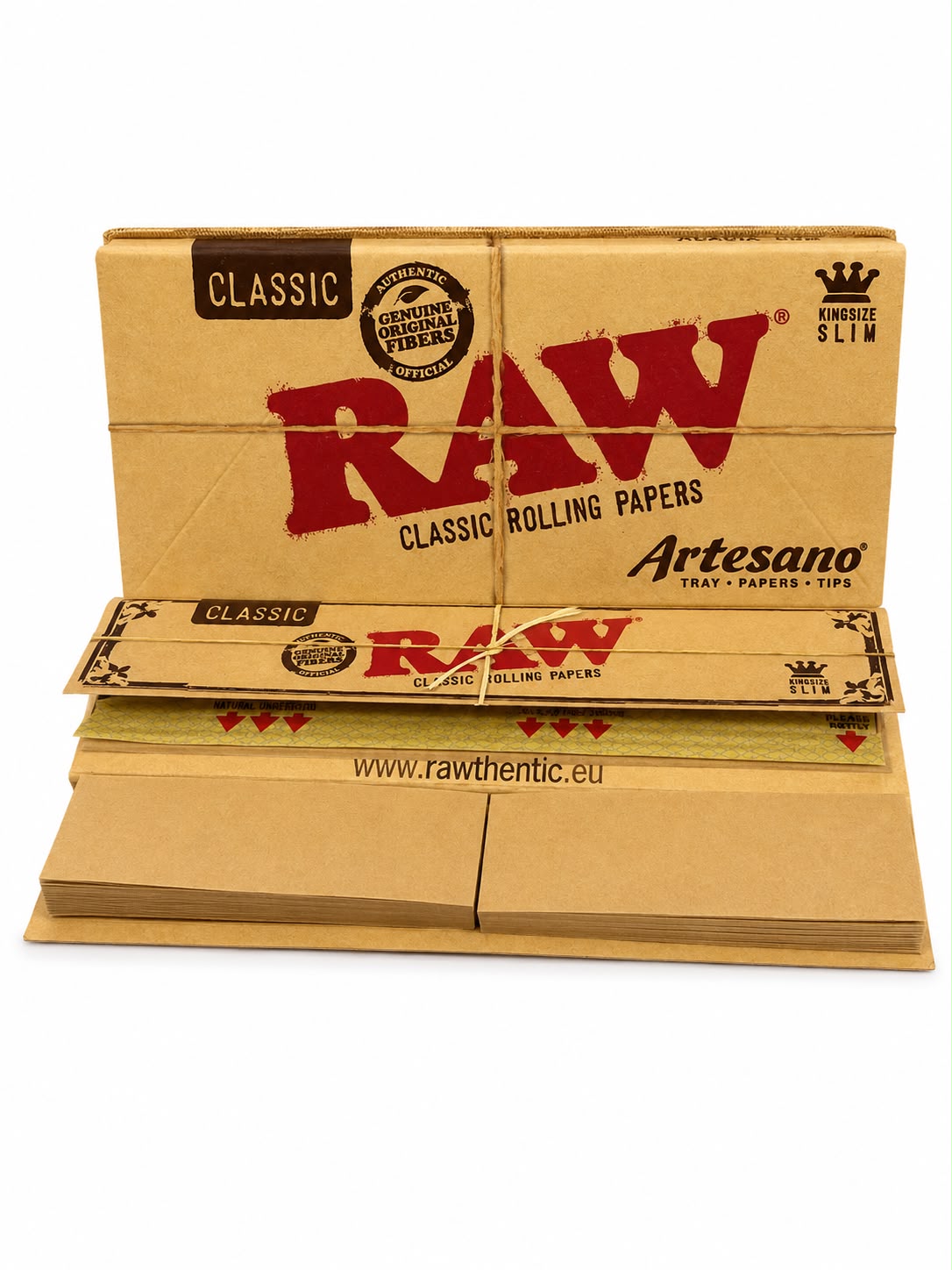 RAW Classic Artesano King Size Slim – 32 Leaves + 32 Tips + Built-in Rolling Tray | Genuine Original Fibers | All-in-One Kit