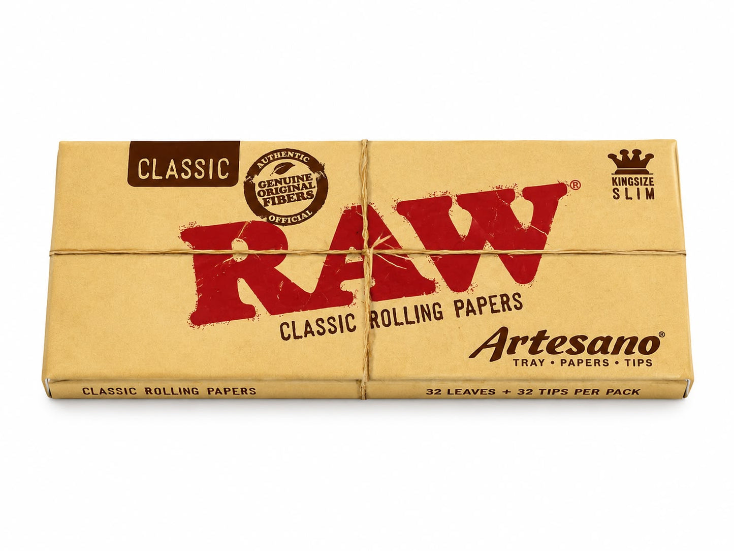 RAW Classic Artesano King Size Slim – 32 Leaves + 32 Tips + Built-in Rolling Tray | Genuine Original Fibers | All-in-One Kit
