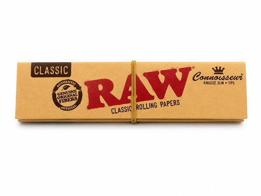 RAW Classic Connoisseur King Size Slim Rolling Papers + Tips | Genuine Original Fibers | Unbleached Natural Papers with Filter Tips