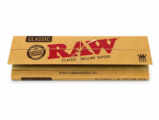 RAW Classic King Size Rolling Papers + Tips | 32 Leaves & 32 Filter Tips | Authentic Unbleached Natural Papers