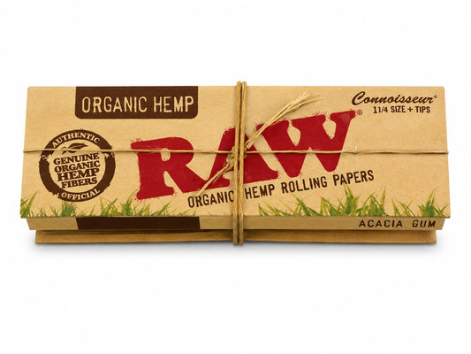RAW Organic Hemp Connoisseur 1¼ Size Rolling Papers + Tips | 50 Leaves | Acacia Gum | Genuine Organic Hemp Fibers | Natural Way to Roll