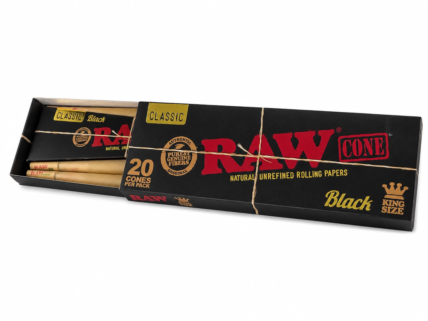 RAW Classic Black King Size Pre-Rolled Cones – 20 Pack | Natural Unrefined | Purest Genuine Fibers