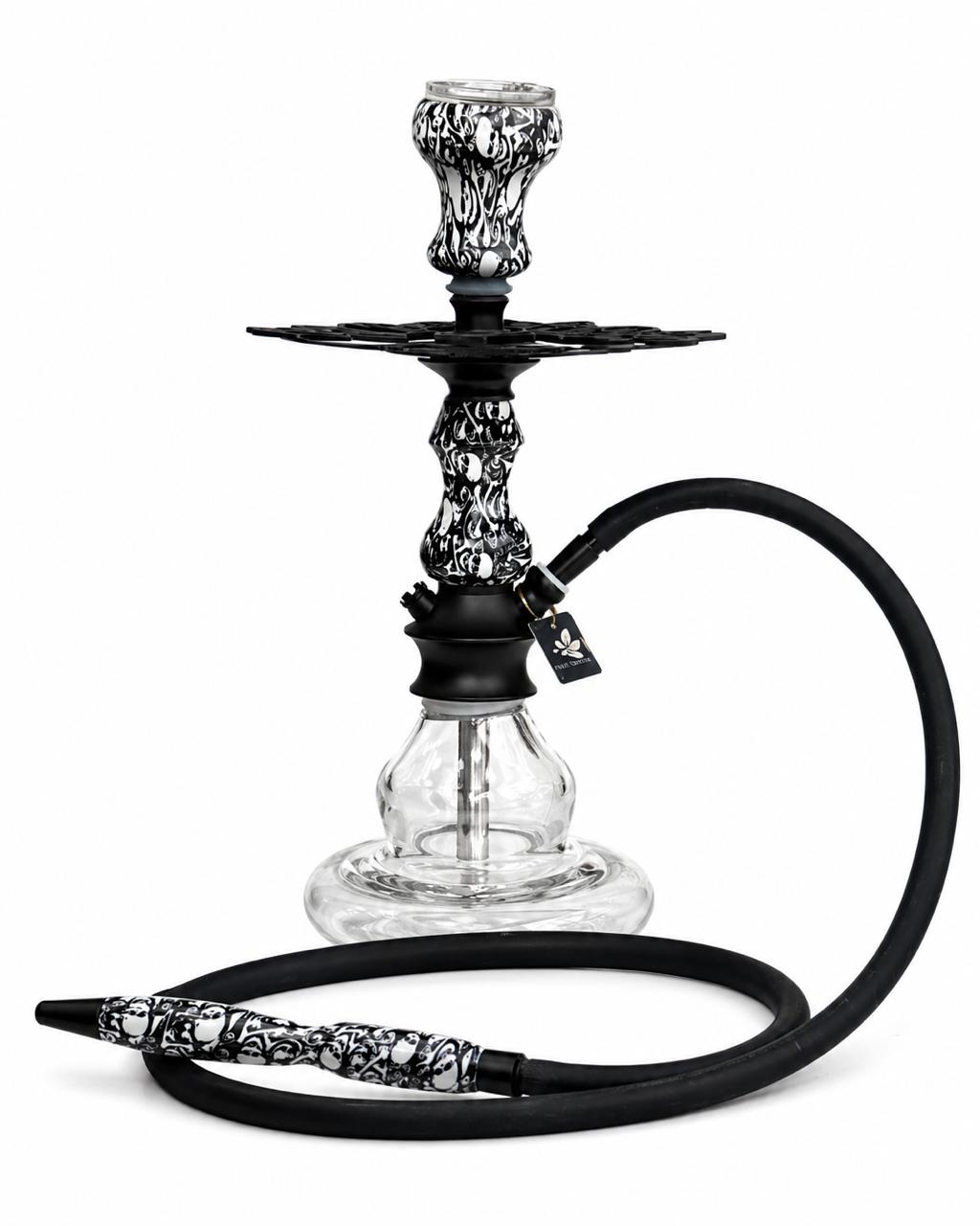 AL KHUMERY TWO QUEENS HOOKAH | BLACK WHITE SKULL GRAFFITI STEM | CLEAR GLASS BASE | BLACK FLOWER TRAY | BLACK SILICONE HOSE | PREMIUM SHISHA PIPE COMPLETE SET | UAE