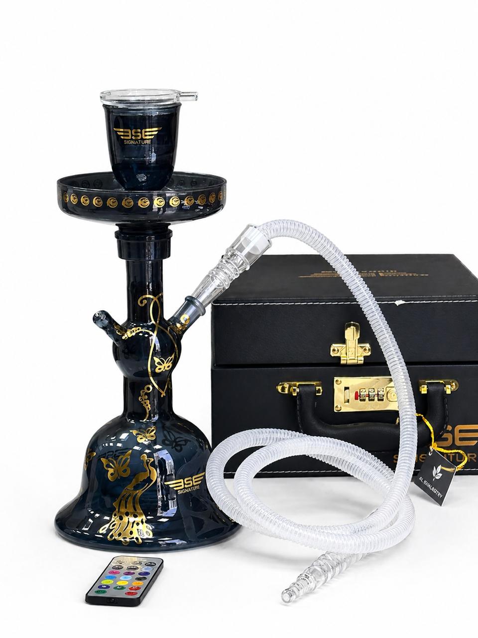 AL KHUMERY BSE Signature Mini Hookah Gift Set | Black & Gold Butterfly Glass Shisha with LED RGB Light & Remote | Clear Silicone Hose | Luxury Black Leather Briefcase with Gold Lock | UAE