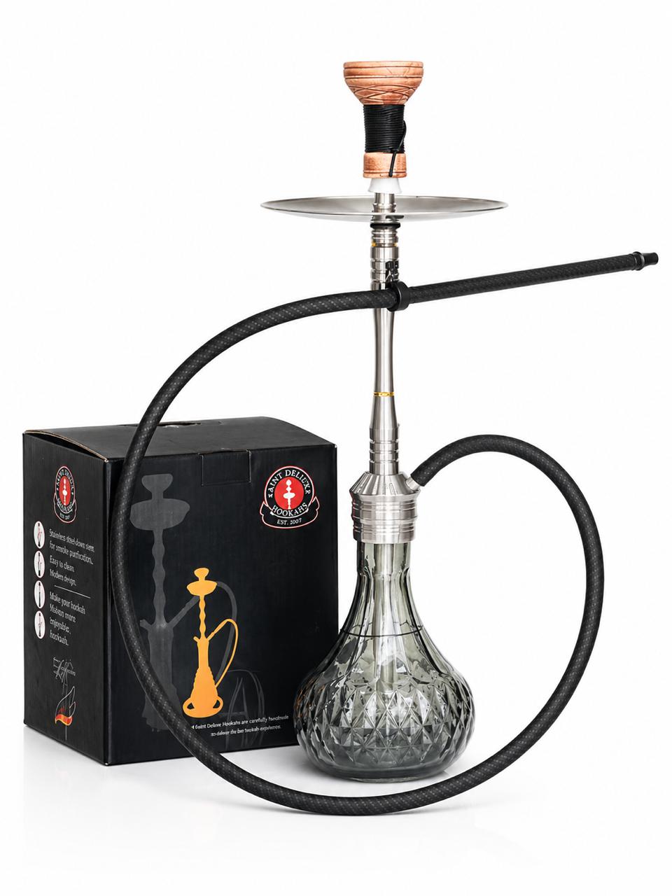 AL KHUMERY SAINT DELUXE HOOKAH | STAINLESS STEEL STEM | SMOKED CRYSTAL GLASS BASE | BRAIDED HOSE | PREMIUM SHISHA PIPE SET | COMPLETE SET WITH HOSE & BOWL | UAE