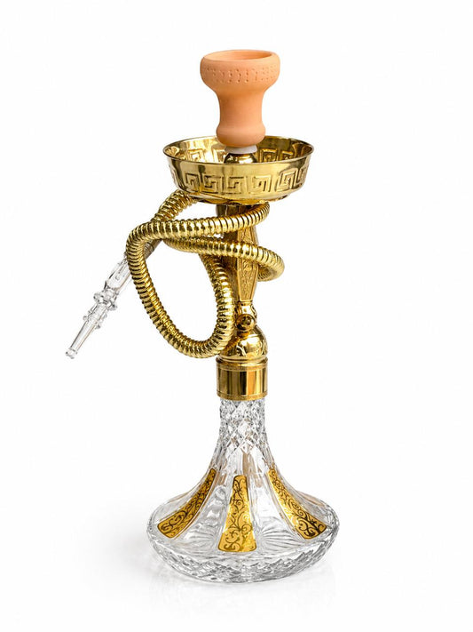 AL KHUMERY BSE SIGNATURE LUXURY GOLD HOOKAH | GREEK PATTERN GOLD TRAY | CRYSTAL GLASS BASE WITH GOLD FLORAL ENGRAVING | COILED GOLD HOSE | PREMIUM SHISHA PIPE | COMPLETE SET WITH CARRY BAG | UAE